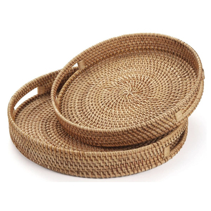 Round Rattan Serving <b>Tray</b> With Handles Eco-Friendly Woven Wicker Storage <b>Basket</b> for Coffee Table Ottoman Breakfast Fruit Platter - Product Image 5
