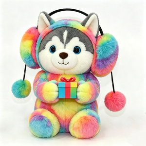 ตุ๊กตาฮัสกี้นุ่มสีรุ้งแบบย้อมสีพิเศษ พร้อมที่ปิดหูแบบปอมปอม ตุ๊กตาฮัสกี้น่ารักนั่งถือกล่องของขวัญ - Product Image 1
