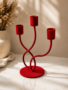 <b>Red</b> Velvet Triple Taper <b>Candle</b> Holder Candelabra-Luxurious Handmade Eco-Friendly Christmas Home Decor - Product Image 1