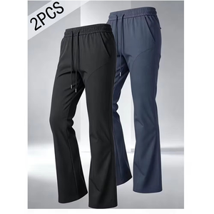 2pcs <b>Men</b> High-Waisted <b>Elastic</b> Drawstring Waist Flare Pants Solid Color Casual <b>Trousers</b> Side Pockets Soft Lightweight Polyester - Product Image 5