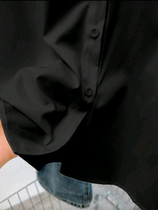 <b>Black</b> Poplin Simple Summer Woven <b>Button</b>-<b>Up</b> Blouse Long Sleeve Turn-Down Collar Front Logo <b>Shirt</b> for Daily Wear - Product Image 2