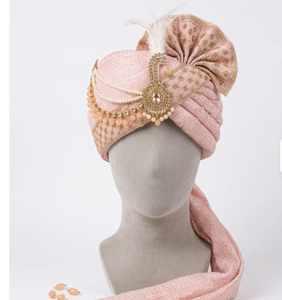 Royal Rose Gold Silk Groom Turban with Crystal Pearl Zari Wedding Safa Pagri for Men Wholesale - Product Image 2