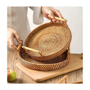 Bandeja de Servir Tejida de Ratán Natural de Estilo Tradicional con Asas de Madera, Cesta de Exhibición Segura para Alimentos, para Pan y Bebidas - Product Image 2