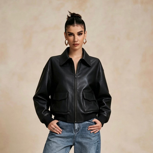 Leather Bomber Women's Genuine Jacket Turn-Down Collar <b>Zipper</b> Closure Patch Pockets Full Sleeve Autumn Style - Product Image 1