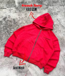 Sweat-shirt à capuche zippé oversize en molleton rouge pour femme, 480 GSM, délavé à l'acide, coupe décontractée, couleur unie, 100 % coton, idéal pour l'hiver - Product Image 1