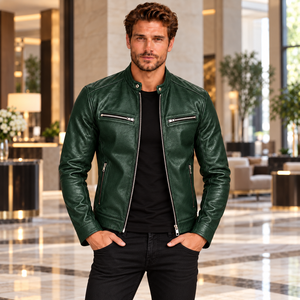 Veste d'extérieur en cuir véritable vert pour homme OEM, design moderne à col montant avec poches zippées sur la poitrine et sur les côtés - Product Image 3