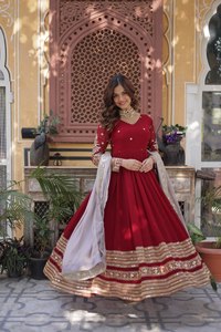 Elegant Blooming Silk <b>Flared</b> Gown Zari <b>Sequin</b> Design Fancy Trim Veil Round Neck Stitched Women Traditional Attire Set - Product Image 2