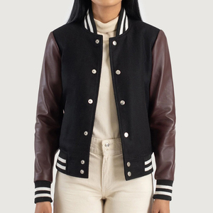 Excellent Fournisseur – Nouvelle Veste Universitaire Noire pour Femme avec Manches en Cuir PU Marron, Col Rabattu, Manches Longues – Idéale pour l'Automne - Product Image 1