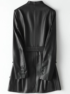 Black PU <b>Leather</b> V-Neck Bomber Jacket <b>Belt</b> Tie Waist Long Sleeve Lightweight Breathable Casual Regular Coat Autumn Wear - Product Image 4
