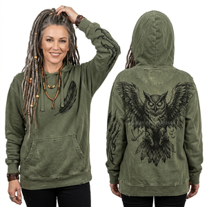 Sweat à capuche personnalisé pour femme avec motif hibou, vert forêt, en polaire vieilli, style vintage, imprimé animal, manches longues, fabrication usine - Product Image 1