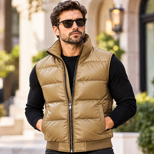 Men's Casual Leather Puffer <b>Vest</b> with Front Zipper | Chaleco Acolchado Casual de Cuero para Hombre con Cremallera Delantera - Product Image 4