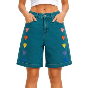 Teal Blue <b>Rainbow</b> Heart Embroidered Women Denim Shorts High Waist Casual Loose Fit Rolled Hem Cotton Summer Fashion Jeans Shorts - Product Image 1