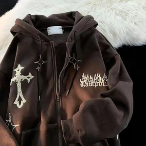 Sudadera con Capucha Gótica para Hombre, Negra, con Estampado de Cruz y Estrella, de Algodón Tejido, Estilo Urbano Otoñal - Product Image 5