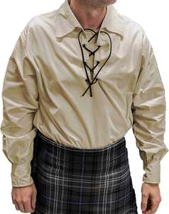 Chemise habillée en popeline de coton crème pour homme, motif tartan écossais Jacobite, avec col rabattu et laçage frontal, manches longues - Product Image 1