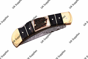 มีดพับเหล็กดามัสกัสทำมือ ปลายคมแบบคลิปพอยต์ ด้ามทำจากเขาสัตว์และทองเหลือง สำหรับพกพา แคมป์ปิ้ง กิจกรรมกลางแจ้ง EDC รับผลิตแบบ OEM ODM - Product Image 6