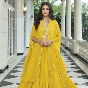 Georgette Faux Fur Free Size Stitched <b>Shrug</b> Suit with Sequences & Thread Work for <b>Wedding</b> & Diwali Knee-Length - Product Image 1