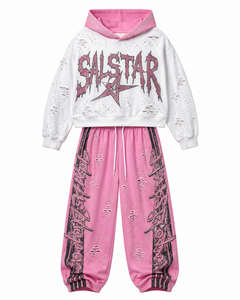 Ensemble survêtement Salstar pour homme : sweat à capuche blanc et pantalon de jogging rose, imprimé pailleté, style streetwear, coupe ample, longueur intégrale, tenue décontractée d'automne - Product Image 3