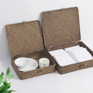 Ensemble de 2 paniers de rangement plats en jonc de mer avec couvercle, paniers de rangement faits à la main, vente en gros, écologiques, fabriqués au Vietnam - Product Image 3