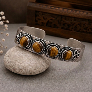 Bronze Horizon Natural Tiger Eye Turquoise Statement <b>Cuff</b> Bangle Gold & <b>Silver</b> Plated Brass Unisex Jewelry - Product Image 3