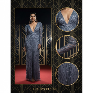 Robe de soirée de luxe bleue à sequins, manches longues, col en V profond |   Robe de soirée fendue haute pour femme, style indien 2026, coupe premium, collection designer - Product Image 3