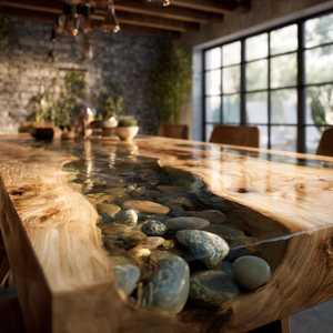 Modern Live Edge Wooden <b>Dining</b> <b>Table</b> With Epoxy Resin River And Pebbles Rectangle Design Durable Solid Wood - Product Image 2