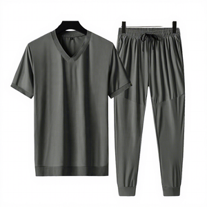 Men's Summer Sports <b>Suit</b> Two-Piece Set Quick-Drying Anti-Bacterial Spandex/Cotton Solid <b>Short</b> Sleeve V-neck Zipper Fly Regular - Product Image 2