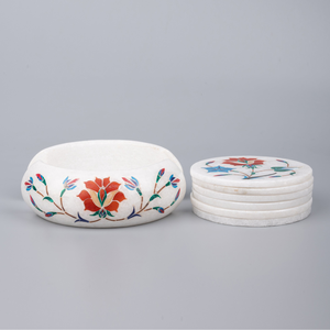 Handcrafted <b>White</b> Marble Inlay <b>Coaster</b> Set with Holder 6 Piece Floral Pietra Dura Drink <b>Coasters</b> - Product Image 3