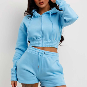 Conjunto de Sudadera Corta con Capucha Azul Claro para Mujer con Pantalones Cortos, Cierre de Cremallera, Color Sólido, Ropa Casual - Product Image 3