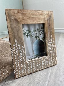 Rustic Natural Wood Rectangular Photo Frame With White Embossed <b>Leaf</b> Design Tabletop Vertical Handmade Decor - Product Image 1