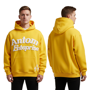 Sweat à capuche jaune pour homme, personnalisé avec impression en relief, en molleton épais, broderie de lettres en mousse, coupe oversize, style streetwear, sweat-shirt vierge - Product Image 2