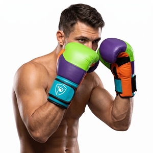 Gants de boxe en cuir Dumela International 16 oz, violet, vert, orange, bleu, équipement d'entraînement professionnel, design avec logo - Product Image 2