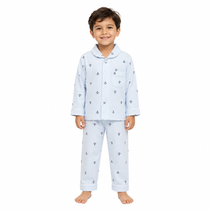 Ensemble de pyjama d'été respirant en polyester pour bébés garçons, chemise à manches longues boutonnée et pantalon long assorti, 2 pièces, OEM ODM, vente en gros - Product Image 1