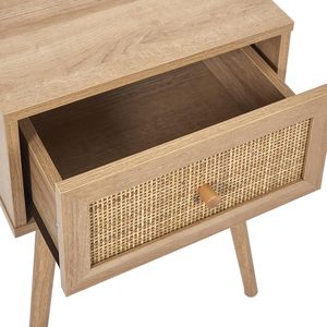 Mid Century Teak Wood Bedside Cabinet Elegant Rattan Accent Side Organizer - Product Image 3