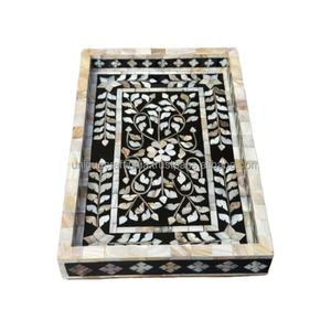 Bandeja de madera con incrustaciones de fregona Rectangular clásica con lados bandeja de servidor decorativa hecha a mano para exhibición de regalos de hogares de hospitalidad - Product Image 6