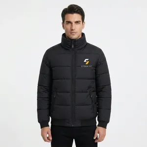 Men's Black Puffer <b>Jacket</b> Stand Collar Zipper Closure Windproof Casual Winter 100% Polyester Solid Color - Product Image 2
