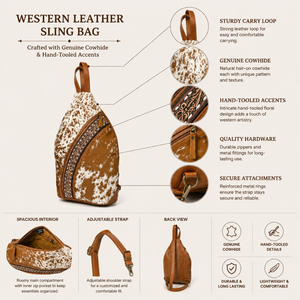 Western Hair On Hide Leather Sling <b>Backpack</b> for Women Handmade Cowboy Crossbody <b>Backpack</b> Premium <b>Tooled</b> Leather Travel Shoulder - Product Image 5