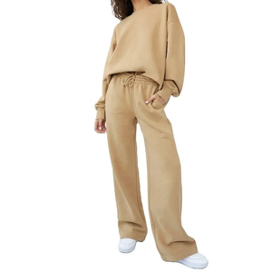 Women's Khaki Wide Leg Sweatpants Mid <b>Waist</b> Drawstring Loose Fit Full Length Solid Color Casual Autumn Wear 100% Cotton Knitted - Product Image 1