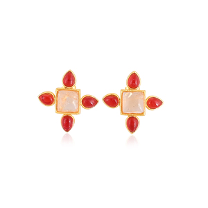 Boucles d'oreilles en laiton faites à la main avec citrine et grenat, bijoux fantaisie tendance pour femmes - Product Image 1