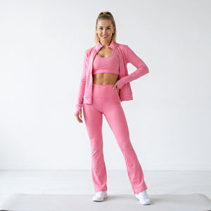 Conjunto de Yoga de 2 Piezas para Mujer, Top Corto con Cierre y Manga Larga, Pantalones Anchos de Cintura Alta, Chándal de Color Sólido - Product Image 6