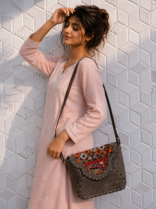 Handmade Genuine Leather Banjara Look Sling Bag Handbag Crossbody Casual Handbags Multi-Use Stylish Embroidery Nylon Women - Product Image 3