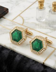 Boutons de manchette hexagonaux vert émeraude sertis de cristaux, ton or, luxe, pour mariage, fête, affaires, formel, bijoux pour homme, cadeau - Product Image 3