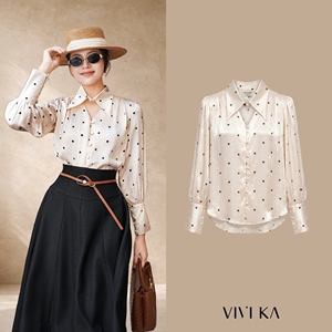 Camisa Casual de Verano para Mujer, con Estampado de Puntos, Manga Larga, Cuello Camisero con Abertura, Corte Holgado, 100% Poliéster, Marca VIVI KA de Vietnam - Product Image 1