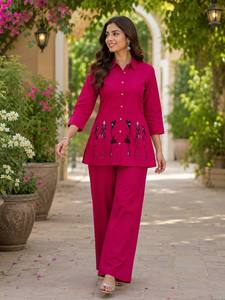 Conjunto de Kurti y Palazzo de Algodón Rosa para Mujer con Bordado a Mano, Estilo Casual Holgado, Largo hasta el Tobillo, Estilo India-Pakistán - Product Image 1
