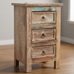 Table d'appoint rustique ancienne en bois à 3 tiroirs, meuble de rangement pour chevet, chambre à coucher, salon, entrée, maison de style farmhouse - Product Image 4