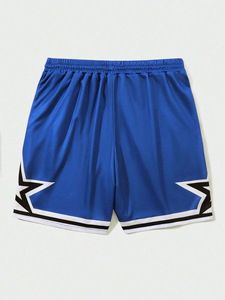 Short de plage en toile tricotée à cordon de serrage, imprimé lettres et étoiles, style décontracté et tendance, ample, pour sports de plein air, pour homme, été, bleu - Product Image 4