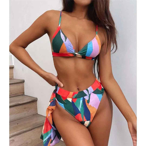 Conjunto de Bikini con Estampado Animal para Mujer, Cintura Alta, Parte Inferior Asimétrica con Drapeado, Logotipo Frontal, Spandex, Poliéster, Dos Piezas Elásticas, Escote en V Profundo - Product Image 1
