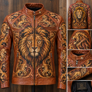 Veste en cuir de vache véritable pour homme, broderie complète personnalisée, lion, amoureux des animaux, veste streetwear vintage brodée - Product Image 2