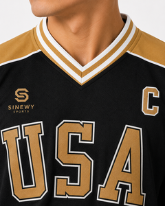 เสื้อฮอกกี้น้ำแข็ง SINEWY SPORTS USA สีดำทอง สำหรับผู้ชาย แบบคอวี แขนยาว ระบายเหงื่อได้ดี - Product Image 5