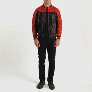 <b>Mens</b> Red Black Color Block PU <b>Leather</b> Varsity <b>Jacket</b> Turn-down Collar Single Breasted Casual Autumn Wear - Product Image 6