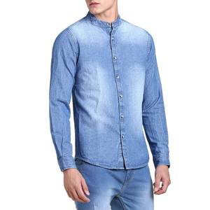 Chemise en jean pour homme, manches longues, couleur unie, col mandarin, coupe ajustée décontractée, coton délavé, respirante, toutes saisons - Product Image 2